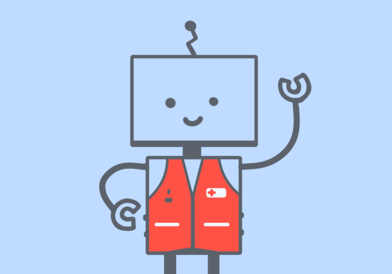 A robot wearing a safety vest.